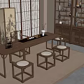 New Chinese Style Tea Room Tea Table and Chair Antique Frame Screen Partition 3d model