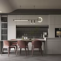 Modern Open Restaurant Kitchen Interior With Dining Table Pink Chairs Pendant Lights And Cabinets 3d model