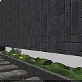 Small Garden Feature With Gray Square Wall Green Grass Stones And Stone Stepping Path 3d model