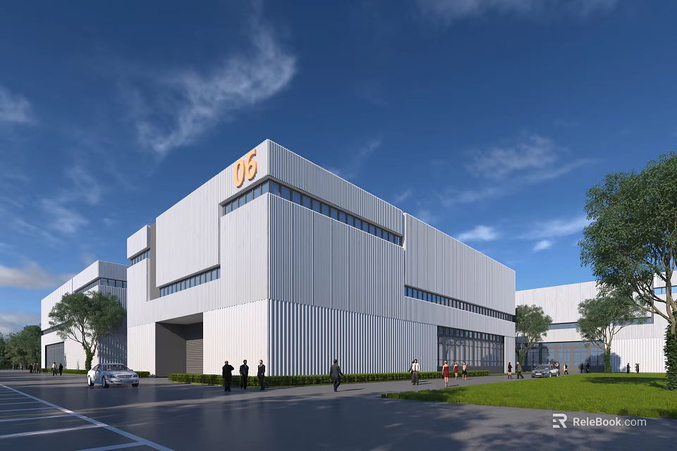 Modern Industrial Factory Building Featuring White Exterior Large Windows Green Surroundings Parked Car And People 3d model 