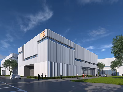 Modern Industrial Factory Building Featuring White Exterior Large Windows Green Surroundings Parked Car And People 3d model