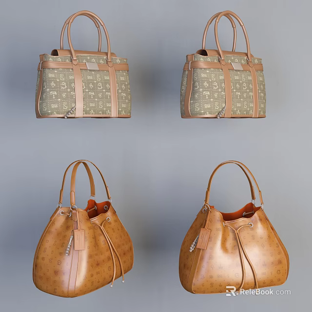 Stylish Checker Pattern And Leather Handbags With Brown Straps On Gray Background 3d model 