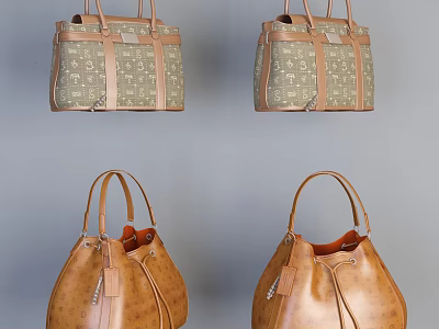 Stylish Checker Pattern And Leather Handbags With Brown Straps On Gray Background 3d model