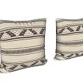 Two Beige Woven Pillows with Dark Geometric Patterns and Striped Design Details