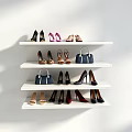 Stylish Women Shoes Display On White Shelves With Various Styles And Handbags