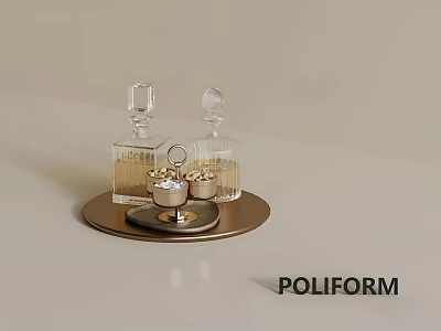 Modern Minimalist Ornamental Decor Set with Metallic Tray Transparent Glass Bottles and Small Candle Holders 3d model
