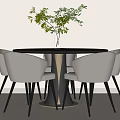 Modern Dining Table Set With Round Black Table Light Gray Chairs And Green Plant 3d model