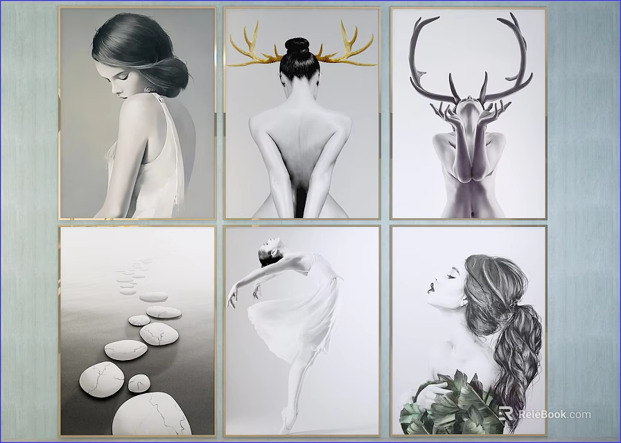 Minimalist Female Portrait Paintings Featuring Deer Antlers Stones And Plants Wall Art Decor 3d model 