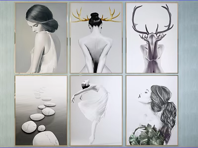 Minimalist Female Portrait Paintings Featuring Deer Antlers Stones And Plants Wall Art Decor 3d model