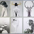 Minimalist Female Portrait Paintings Featuring Deer Antlers Stones And Plants Wall Art Decor