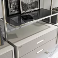 Sleek Modern Multi Tiered Bookshelf With Marble Wall Decorative Books Picture Frames And Drawer Cabinets
