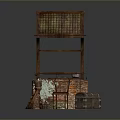 Ancient Wooden Well Structure With Brick Red Cushioned Chair Trunk Green Plants And Stone Pavement