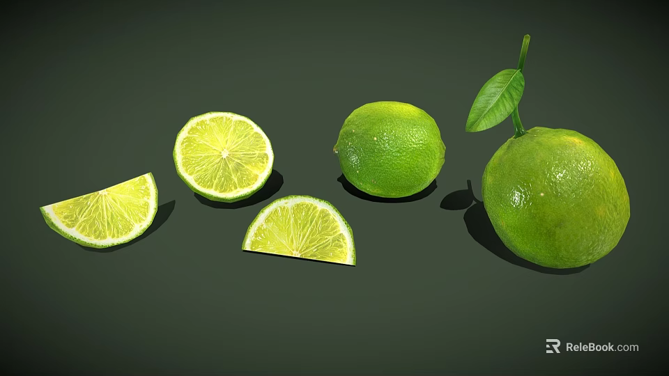 Fresh Limes Display With Whole Fruits Sliced Pieces And Green Leaf 3d model 