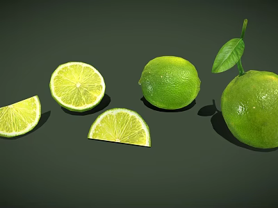 Fresh Limes Display With Whole Fruits Sliced Pieces And Green Leaf 3d model