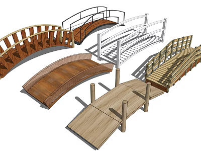 Various Wooden Bridge Designs With Arch And Flat Structures And Railings 3d model
