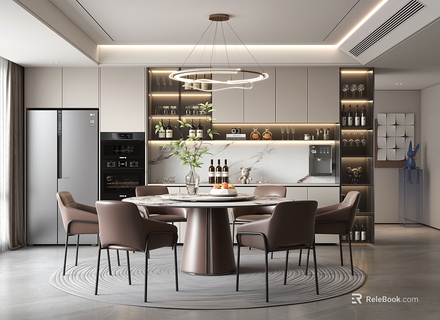 Modern Elegant Dining Room Interior With Round Table Brown Chairs Circular Chandelier And Wine Racks 3d model 
