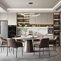 Modern Elegant Dining Room Interior With Round Table Brown Chairs Circular Chandelier And Wine Racks