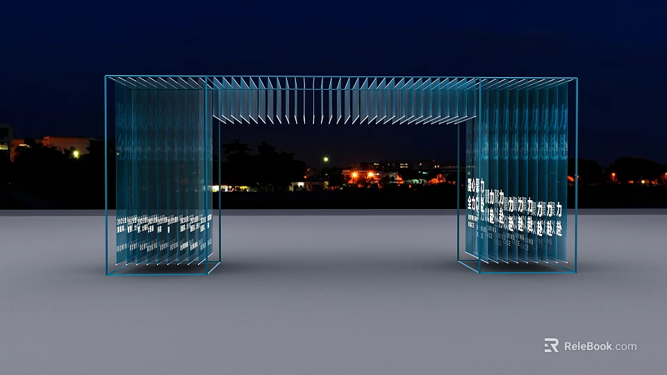 Blue Grid Designed Event Gateway With Illuminated Lights And Urban Night View 3d model 