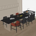 Dark Wooden Dining Table with Mixed Chairs and Fruits in Modern Kitchen with Paneled Wall