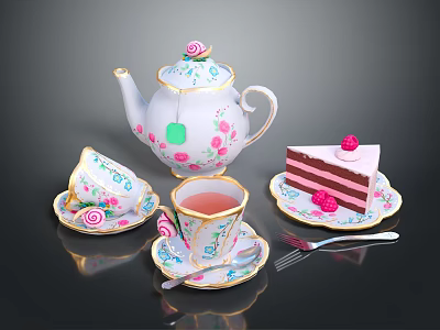 Elegant White And Pink Tea Set With Rose Patterns Teapot Teacups Saucers And Strawberry Cake 3d model