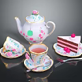 Elegant White And Pink Tea Set With Rose Patterns Teapot Teacups Saucers And Strawberry Cake
