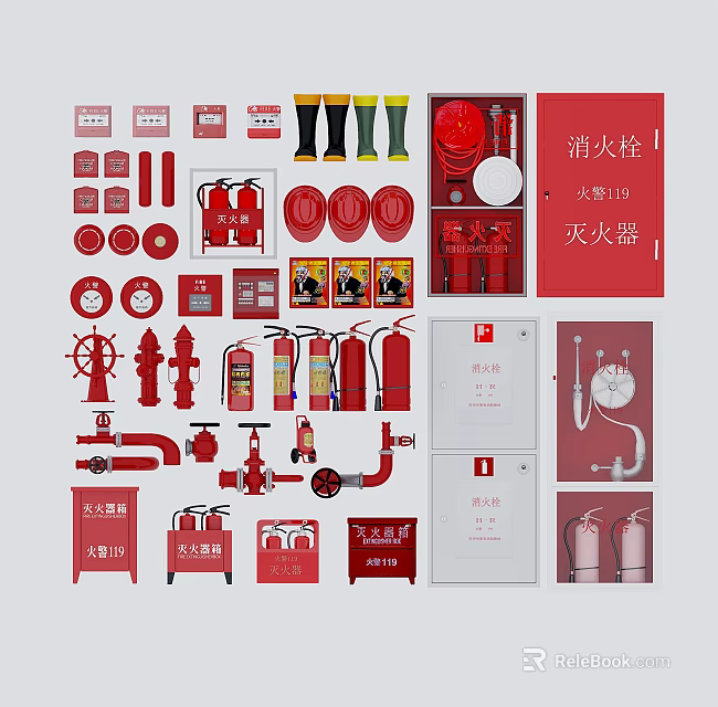 Essential Fire Equipment Collection Including Fire Extinguishers Hydrants Hoses And Control Panels 3d model