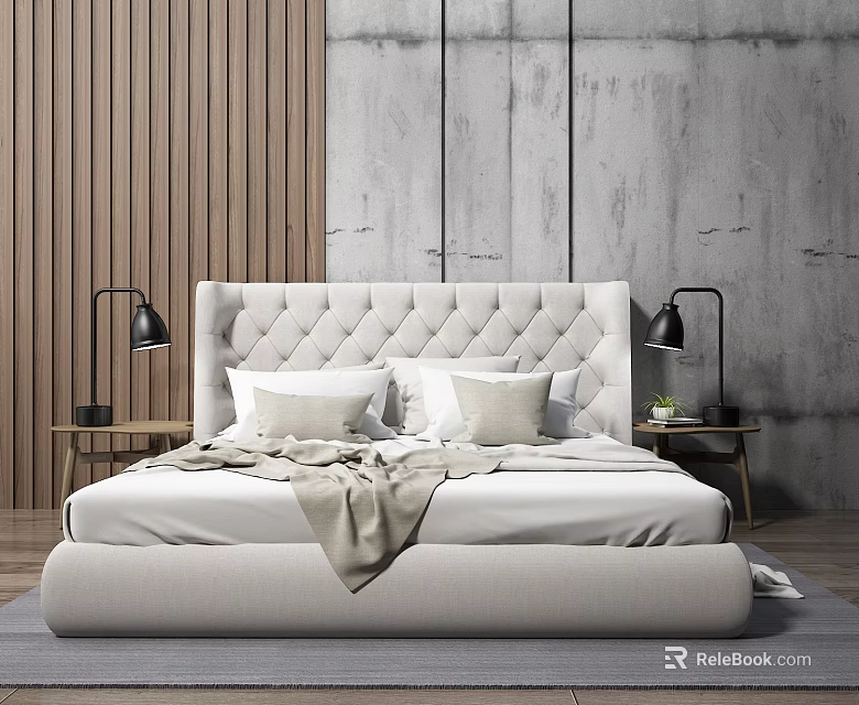 Background Double Bed With Tufted Headboard Pillows Blanket Nightstands Black Lamps Wooden Gray Concrete Walls 3d model 