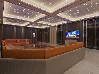 Modern KTV Interior With Starry Ceiling Orange Sofas And TV Screen 3d model