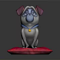 Cartoon Pug Figure Sitting On Red Cushion Wearing Blue Collar With Gold Bell