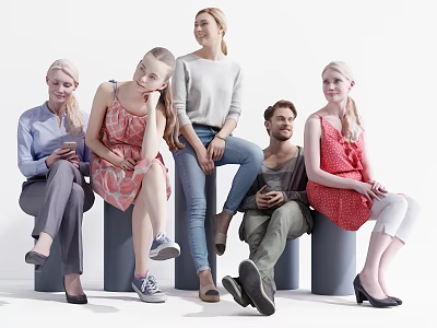 Group of Five People Sitting on Gray Pillars in Casual Outfits With Relaxed Poses 3d model