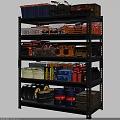 Multi tiered Storage Shelf with Tools Storage Bins Tires Oil Drums and Boxes