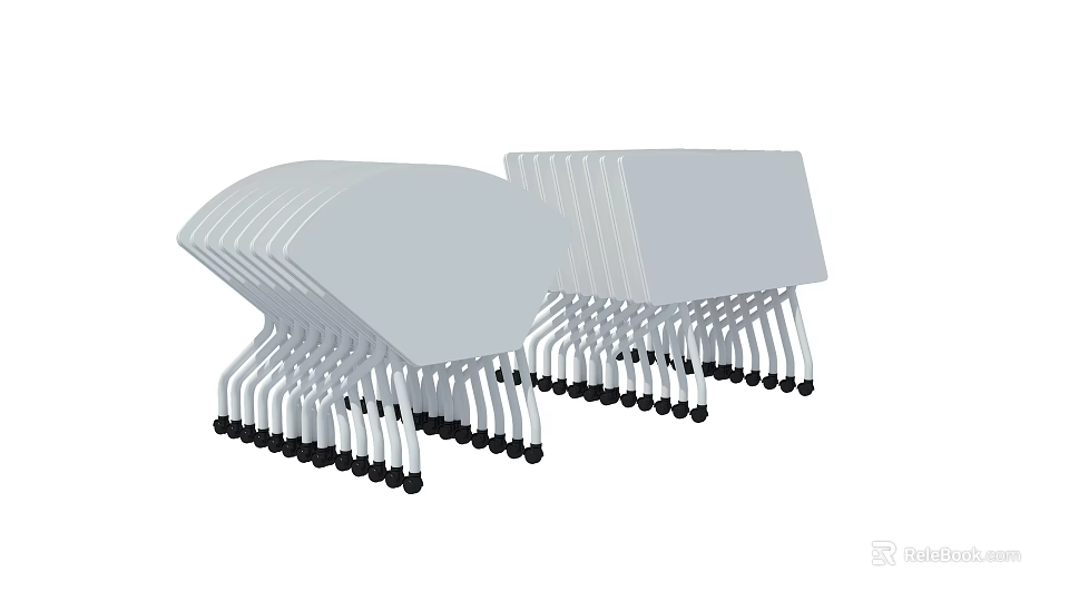Multiple White Office Chairs With Arched Backrest White Frame And Black Wheels Neatly Arranged 3d model 