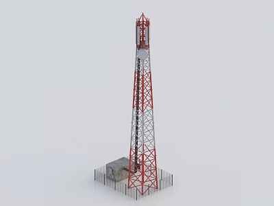 Industrial Equipment Communication Tower With Red Silver Metal Structure Base Building And Fencing 3d model