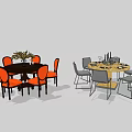 Classic Wooden Dining Table Set With Beige Chairs Rectangular Round Designs Decorative Vases And Glassware 3d model