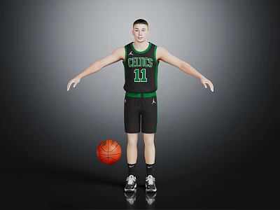 Basketball Player in Green Celtics Jersey Number 11 Standing with Arms Outstretched and Basketball 3d model