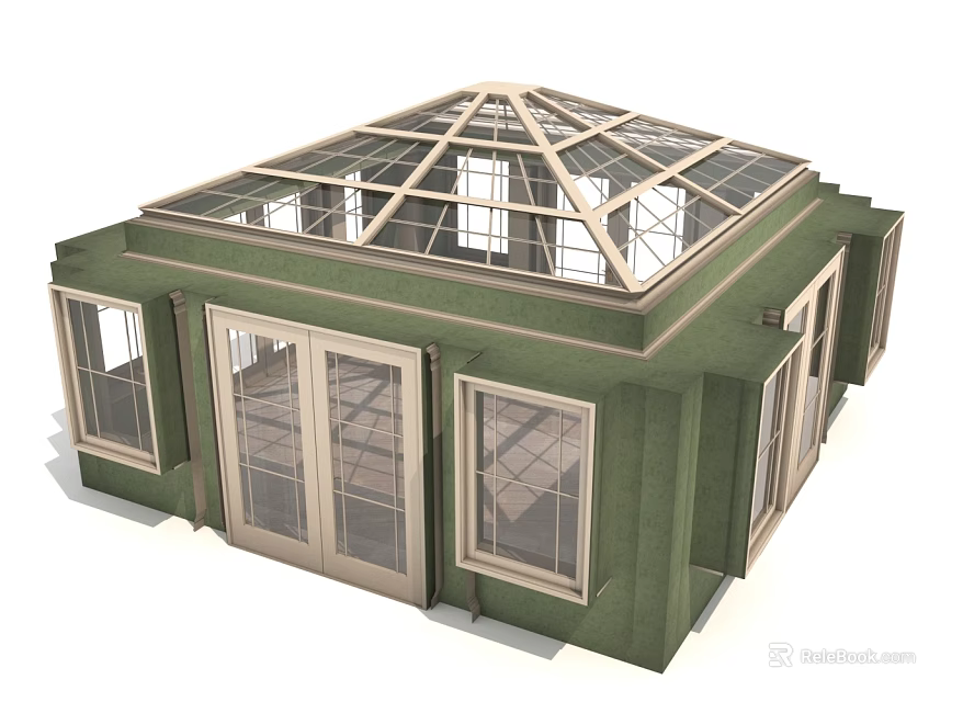 Modern Green Sunroom Design With Glass Skylight Roof Large Windows And Doors 3d model 