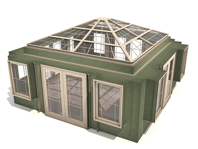 Modern Green Sunroom Design With Glass Skylight Roof Large Windows And Doors 3d model