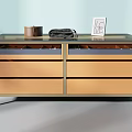 Modern Chest of Drawers With Wooden Drawers Metal Frame Glass Top and Mug Photo Frame