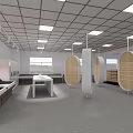 Modern Exhibition Hall With White Display Tables Wooden Legs Large Screen And Bright Lighting