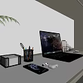 Modern Workspace Desk With Laptop Smartphone Wireless Earbuds Pen Holder And Green Plant