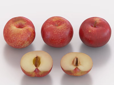 Fresh Red Plums With Three Whole And Two Sliced Showing Yellow Flesh 3d model
