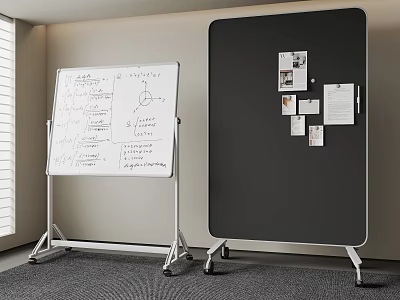 Mobile Whiteboard With Handwritten Notes Diagrams Black Bulletin Board With Photos Papers On Wheeled Stands 3d model
