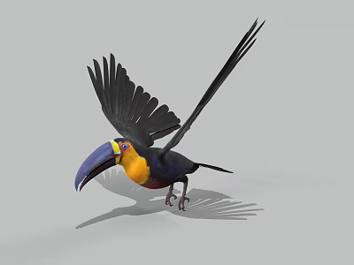 Flying Toucan With Colorful Beak Vibrant Yellow Throat And Black Wings In 3D Render 3d model