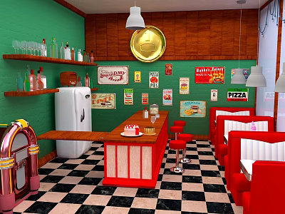 Retro Diner Scene With Green Walls Wooden Panels Red Booths Checkered Floor Vintage Posters Jukebox 3d model
