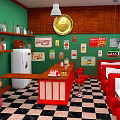 Retro Diner Scene With Green Walls Wooden Panels Red Booths Checkered Floor Vintage Posters Jukebox