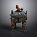 Antique Bronze Artifact With Lion Ornament Lid And Intricate Decorative Legs