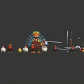 Cartoon Turkey and Small Animal Characters with Colorful Feathers in Playful Scene