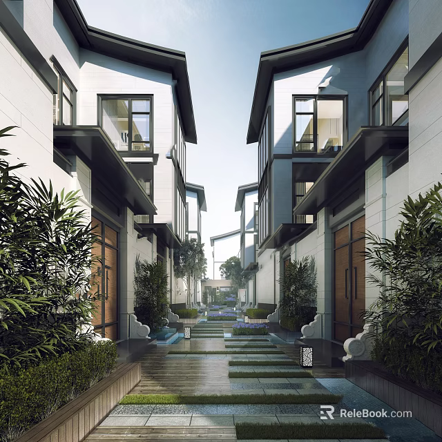 Modern Townhouse Exterior Design With Courtyard Green Plants Stone Pathway And Water Feature 3d model 
