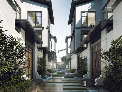 Modern Townhouse Exterior Design With Courtyard Green Plants Stone Pathway And Water Feature 3d model