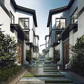 Modern Townhouse Exterior Design With Courtyard Green Plants Stone Pathway And Water Feature